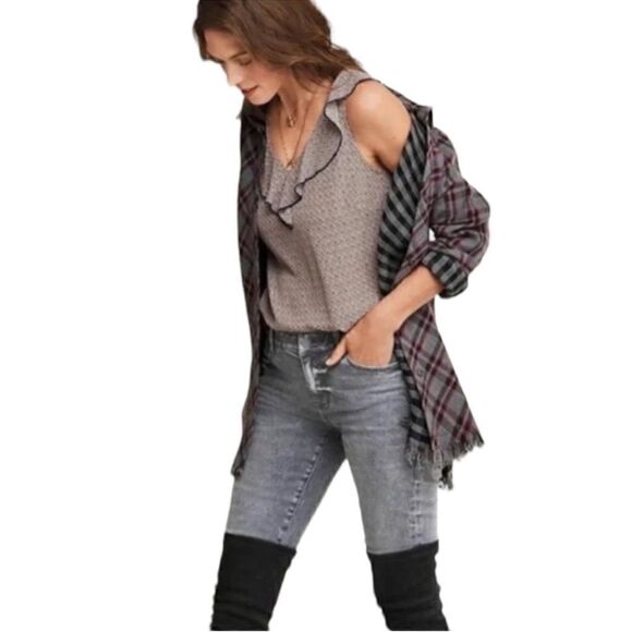 CAbi Highland Flannel Plaid Gray and Purple Button Up Frayed Hem Shirt Size S - Picture 13 of 13